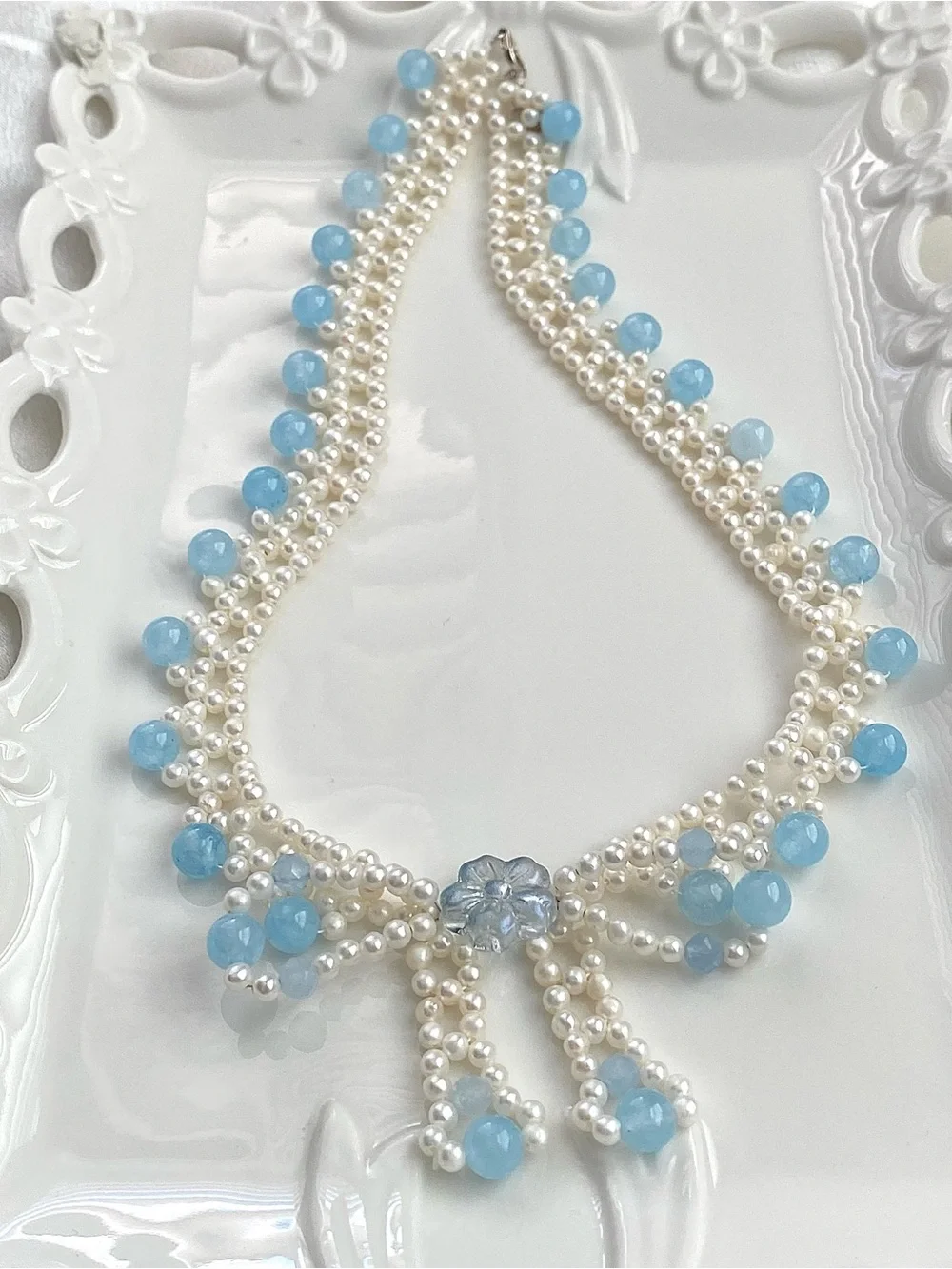 GP89-Hand Braided High Quality Baby Pear And Aquamarine Bow Necklace